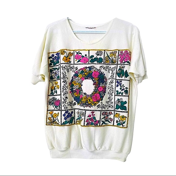 Vintage Tops - Vintage 80s Knit T-Shirt Floral Band Sleeve Crew S